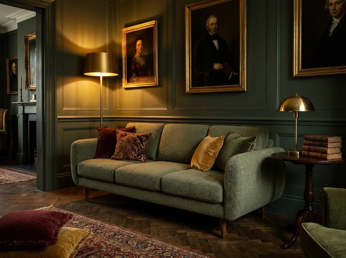 The sofa in a dark townhouse room